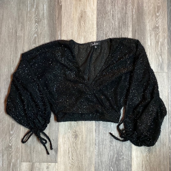 Lulus Black Metallic Crop Top Balloon Sleeves - Picture 1 of 8